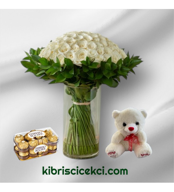 Vazoda 71 Beyaz Gül Ayıcık 16'lı Ferrero Çikolata